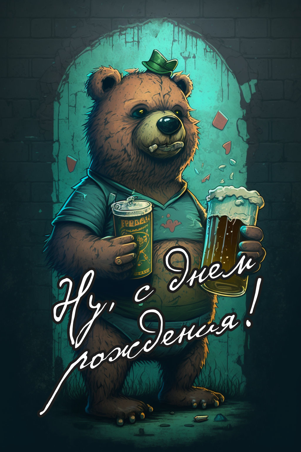 Открытка с днем рождения от медвед с пивом
