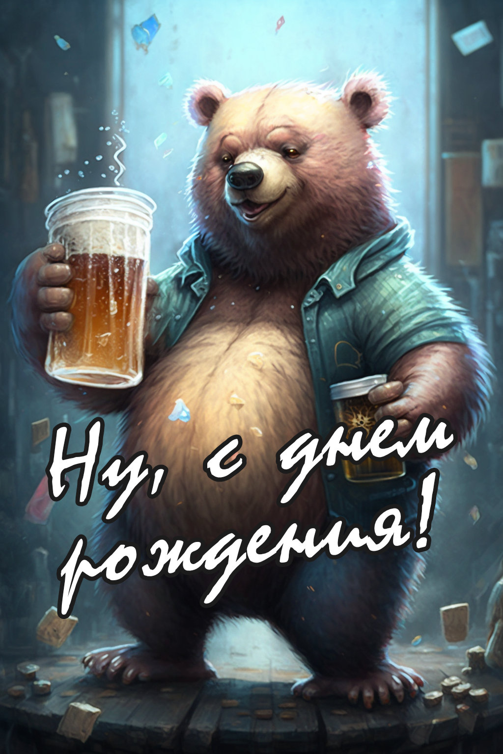 Открытка с днем рождения от медведя с пивом