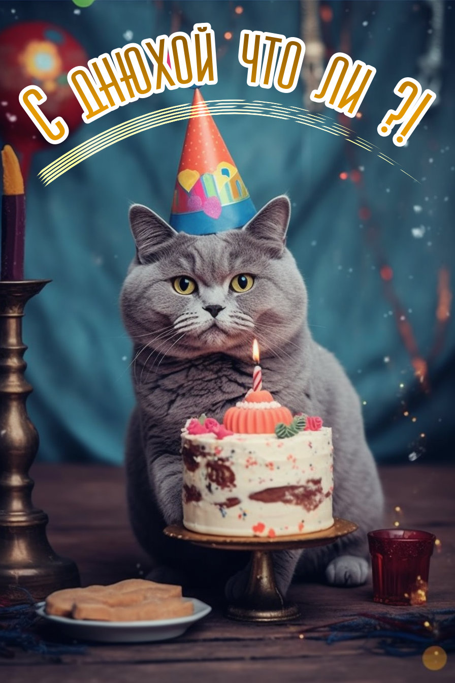 Открытка на день рождения с котом и тортом со свечкой